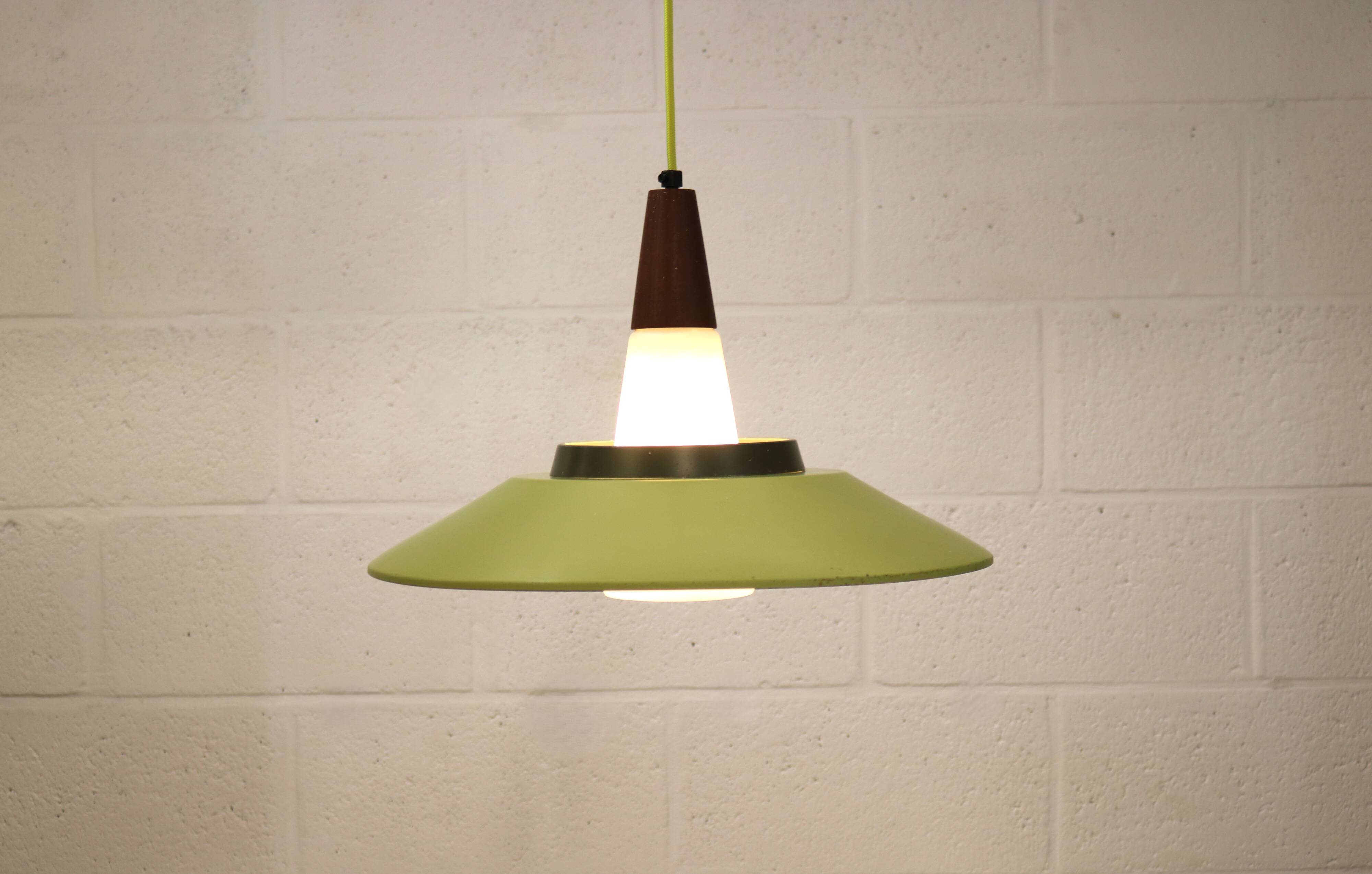 Opal glass and green aluminium shade vintage lamp by Voss Belysning - Denmark
