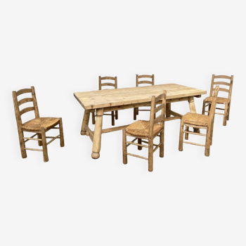 table et chaises paillées par Georges Robert années 1950