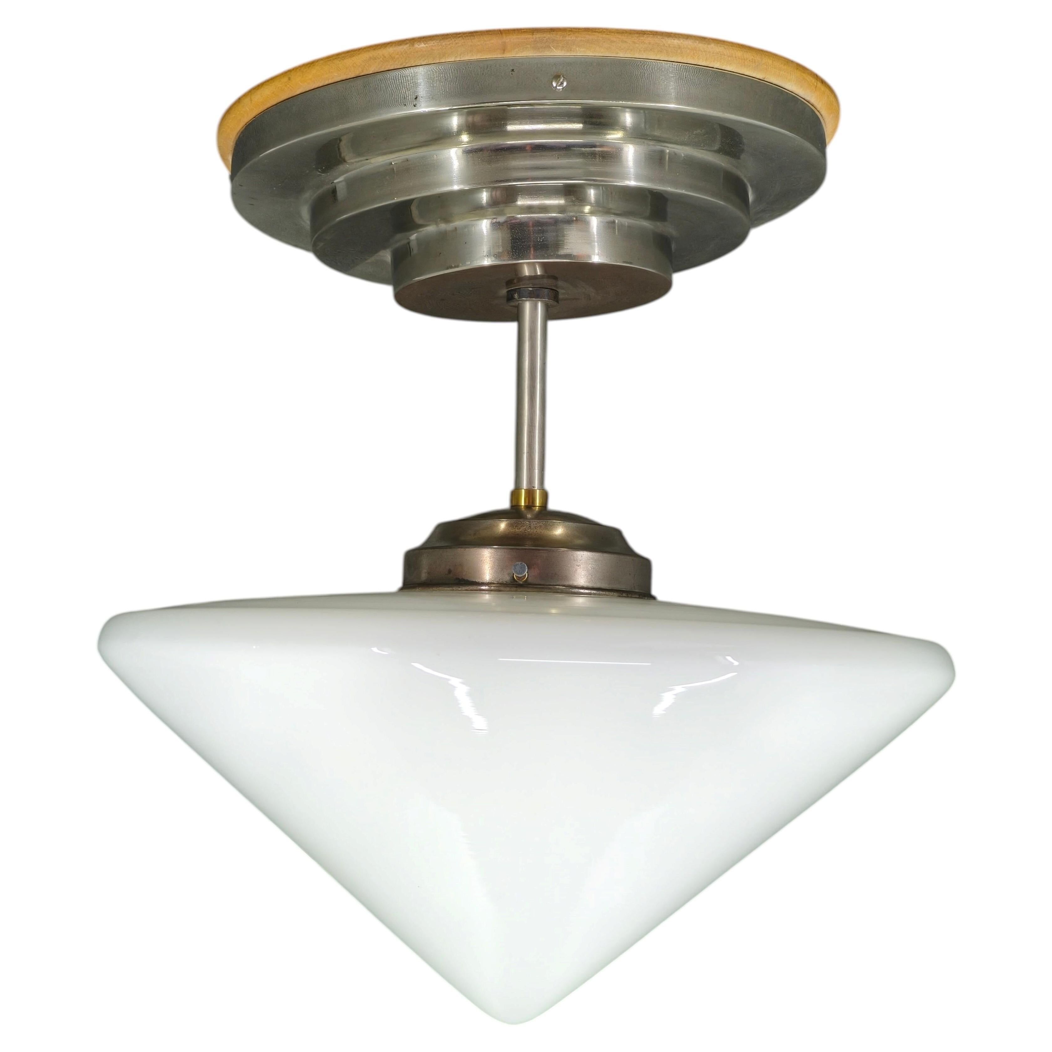 Czech Art Deco Opaline Glass Flush Mount Ceiling Light 1930s