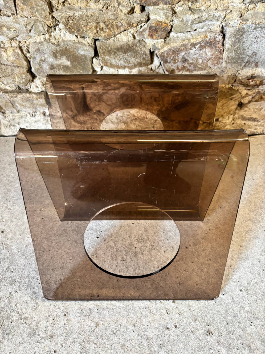 Smoked Plexiglas magazine rack by Michel Dumas for Roche Bobois 1970