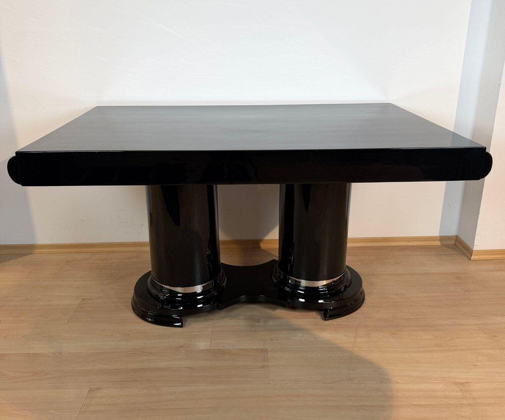 Art Deco dining table in black piano lacquer & metal, 1930