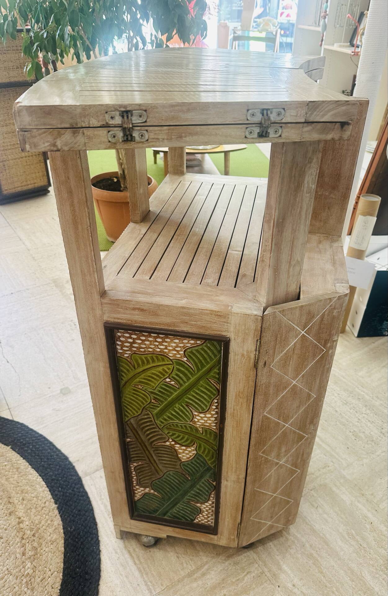 Vintage folding bar counter on wheels, wood.