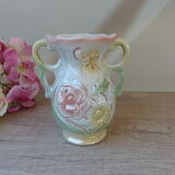 Iridescent ceramic vase floral decoration with double handles made in brazil