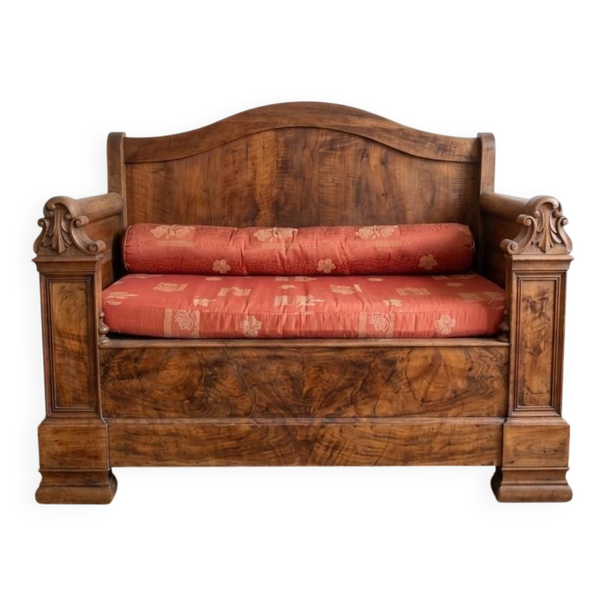 Traditional two-seater bench in solid wood with storage compartment.