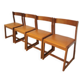 Lot de 4 chaises de salle à manger vintage / design sculptural en bois des années 70, cuir marron