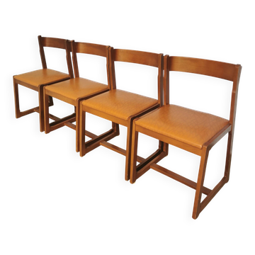 Lot de 4 chaises de salle à manger vintage / design sculptural en bois des années 70, cuir marron