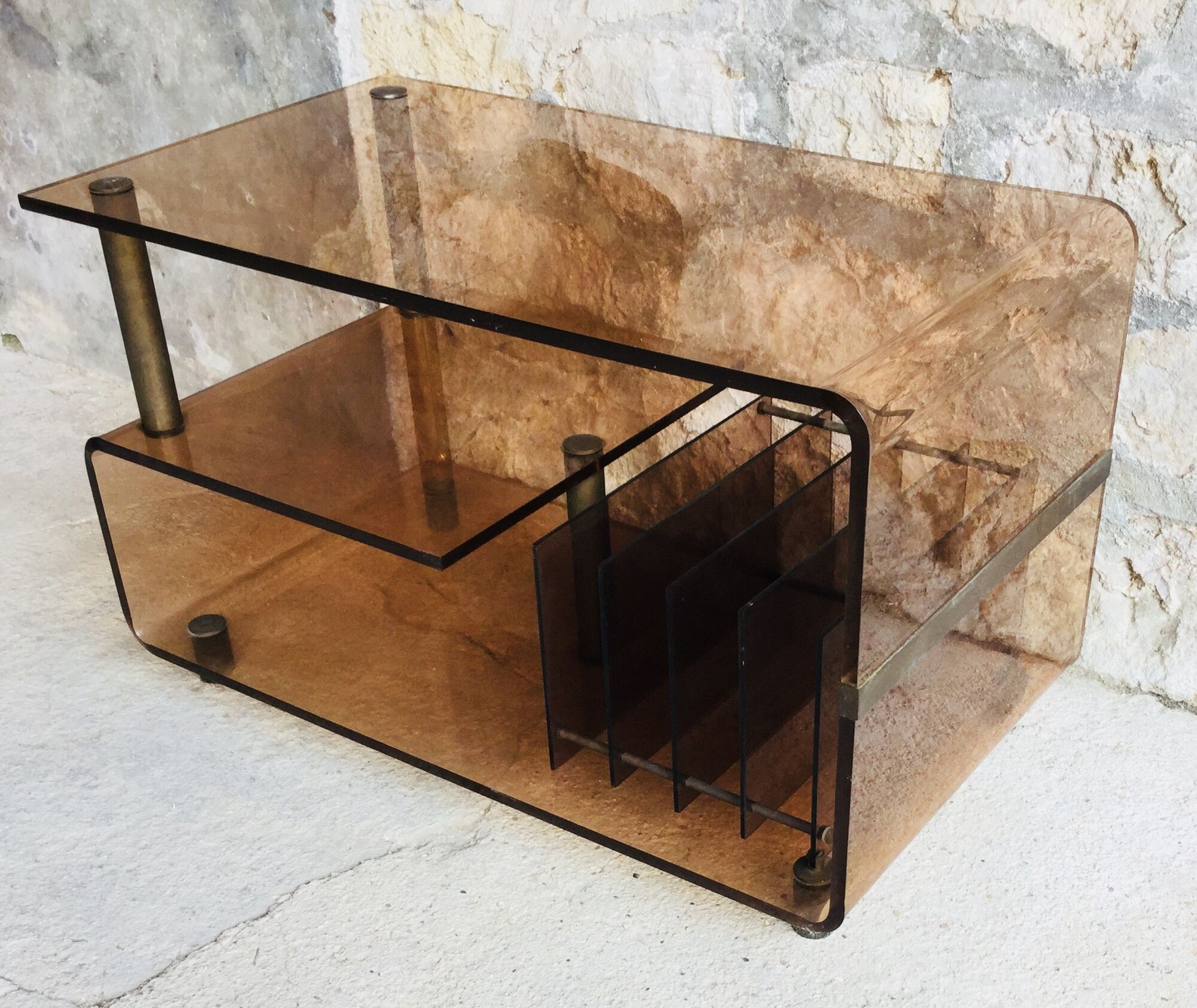 Vinyl or hifi furniture - smoked plexiglass and brass - 1970