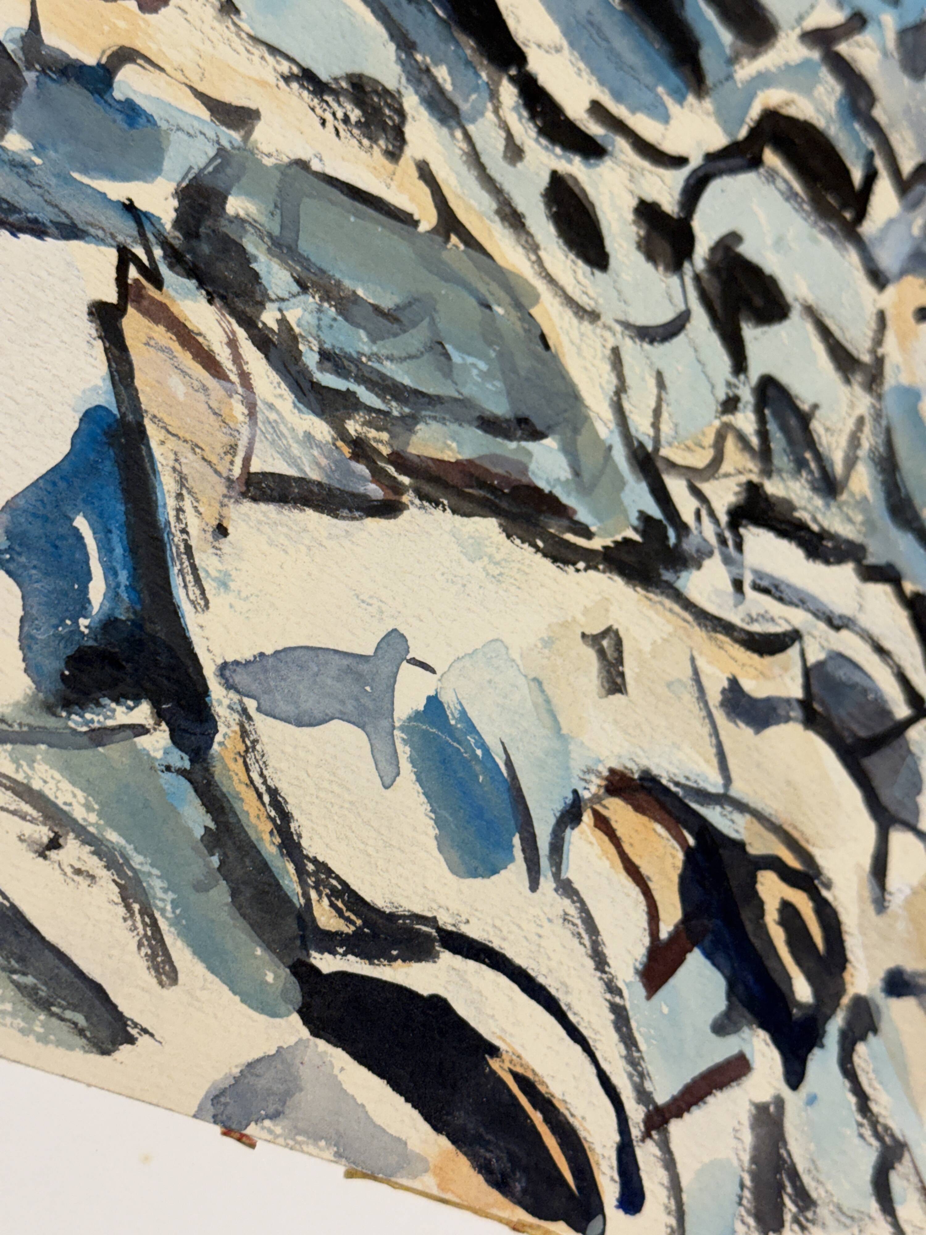 Helmut Dittmann, Abstract Composition in Blue and Grey, Paint on Paper 1989