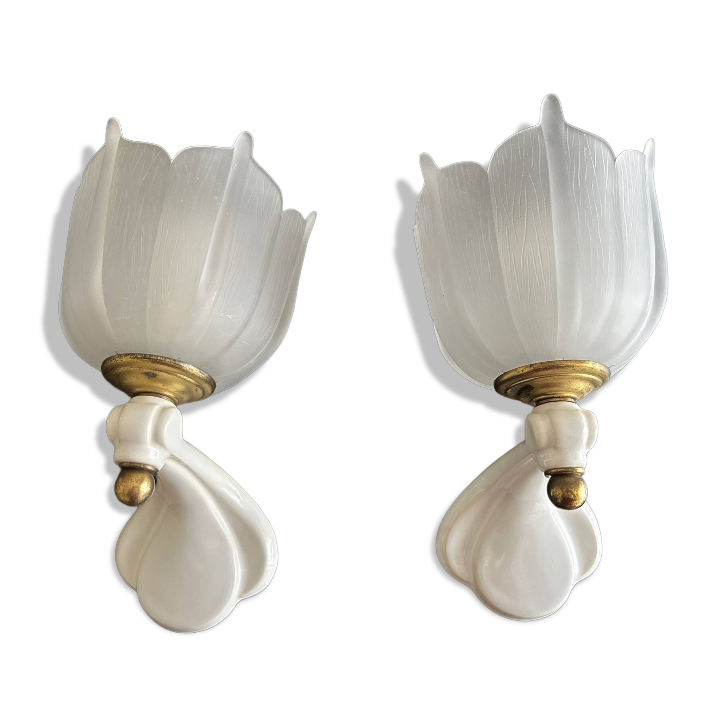 pair of ceramic and frosted glass wall lights 1950