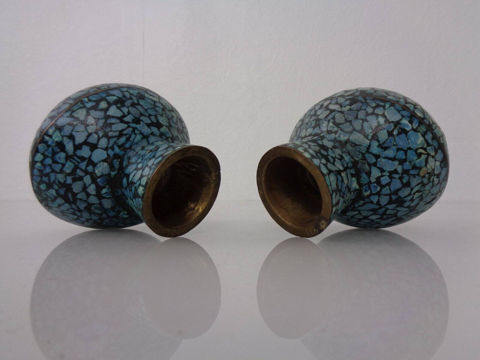 Vintage Indian Copper & Turquoise Stone Ashtrays, 1960s, Set of 2