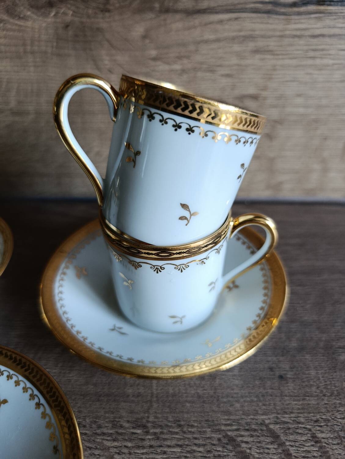 3 litre cups and saucers Empire gilded porcelain, Limoges 1950