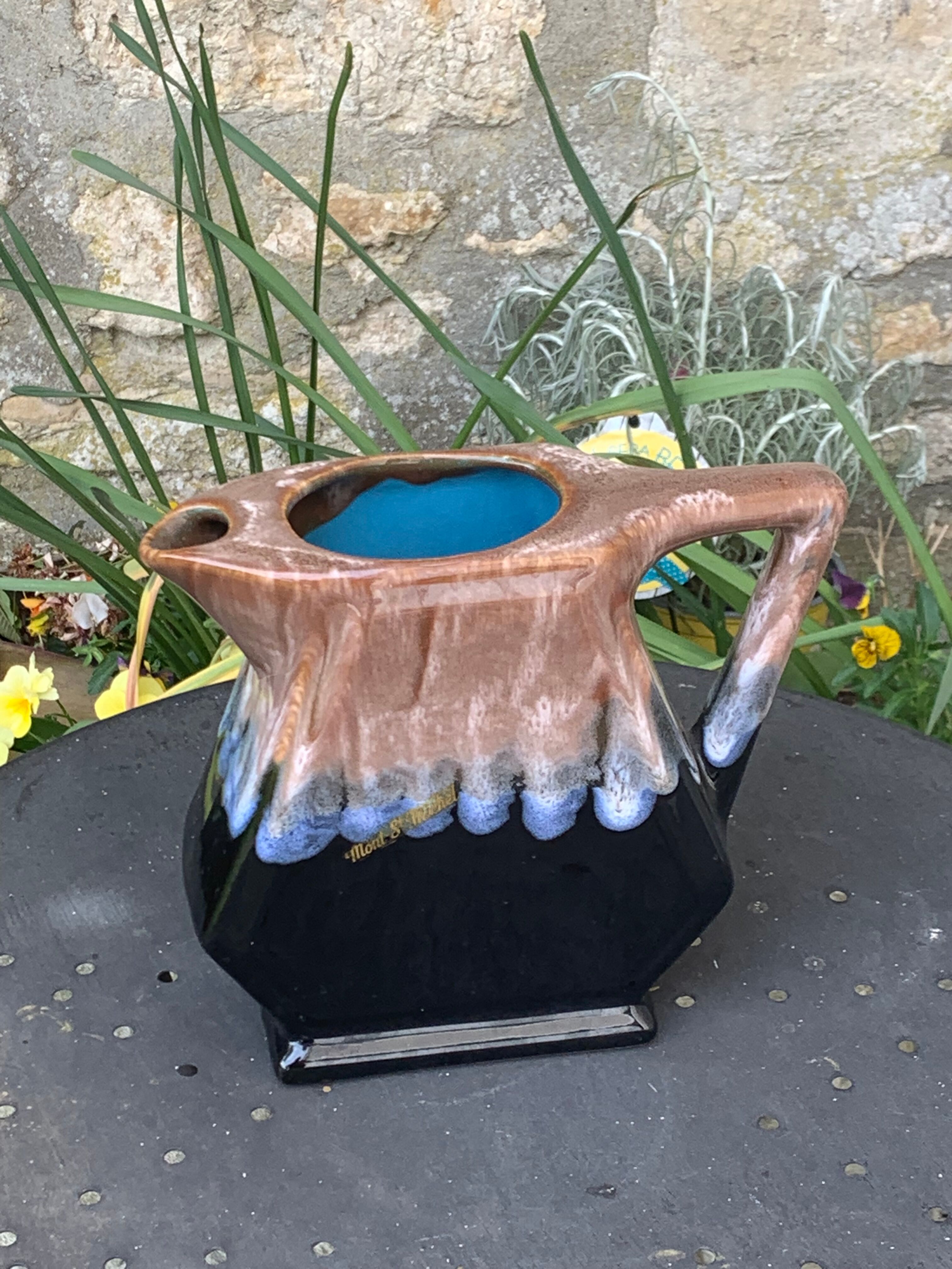 Decanter pitcher in blue and beige glazed ceramic vintage