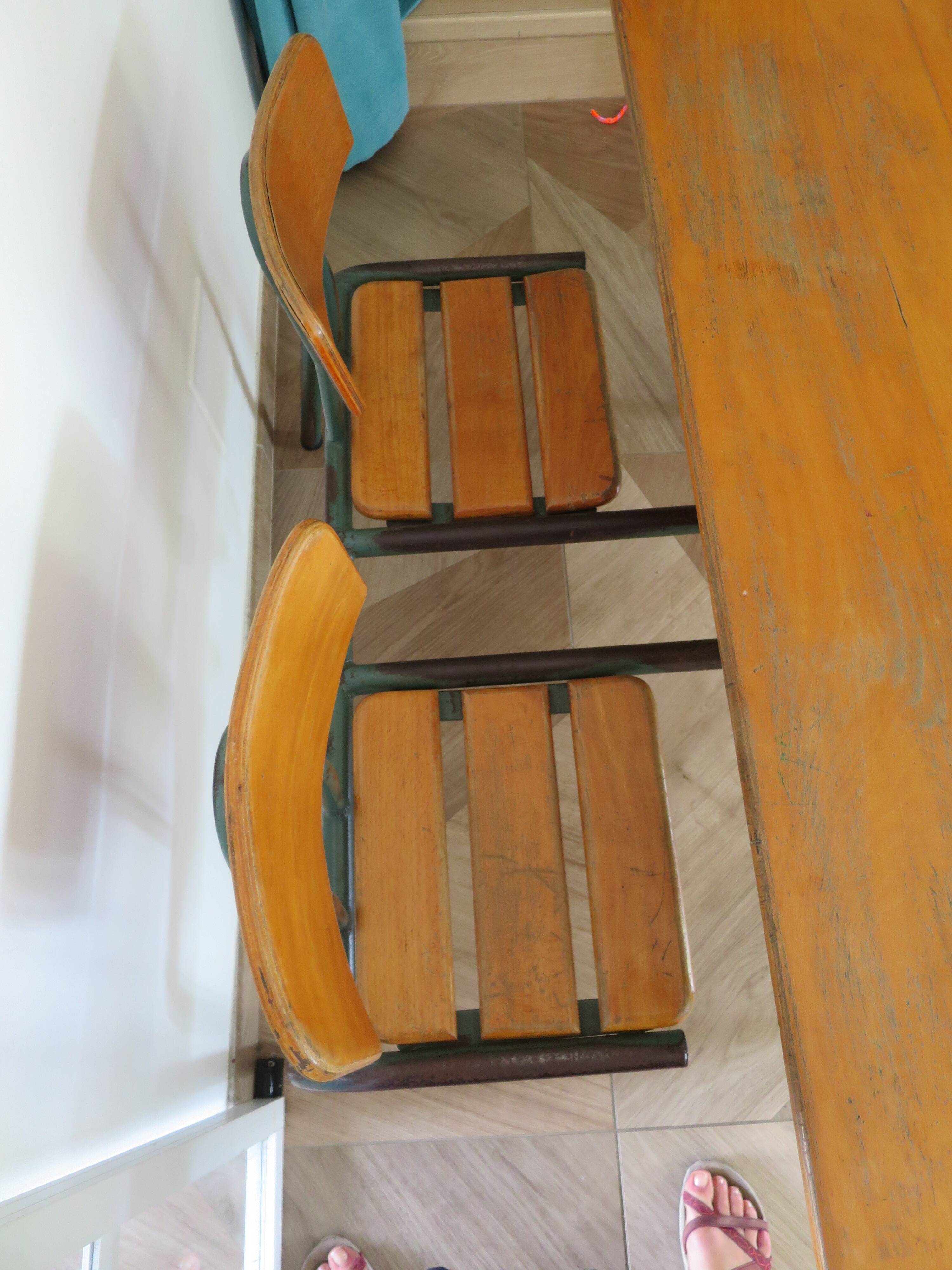 Bureau d’écolier vintage en bois et métal - Bureau double