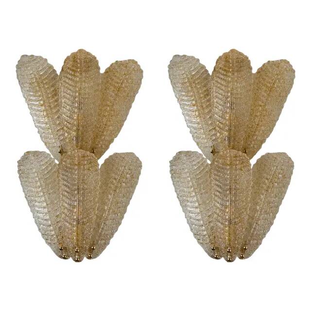 Venetian Wall Sconces in Amber "Graniglia" Leaves Murano Glass-Set oo Two