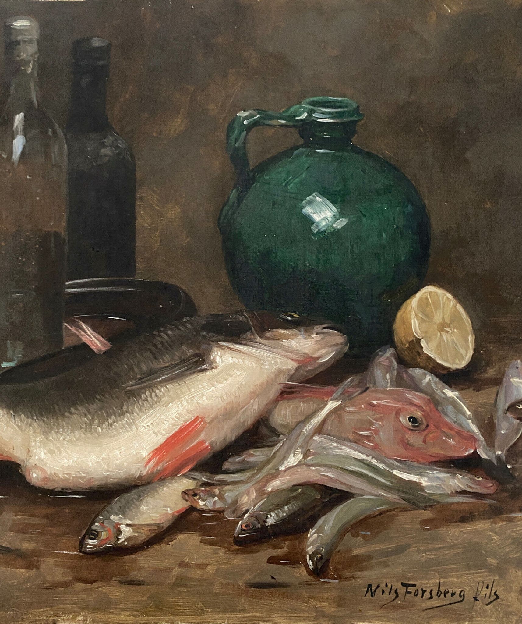 HST painting "Still Life with Fish" HST signed Nils II Forsberg