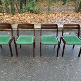 Scandinavian dining table and 4 Hans Olsen style chairs in teak and velvet.