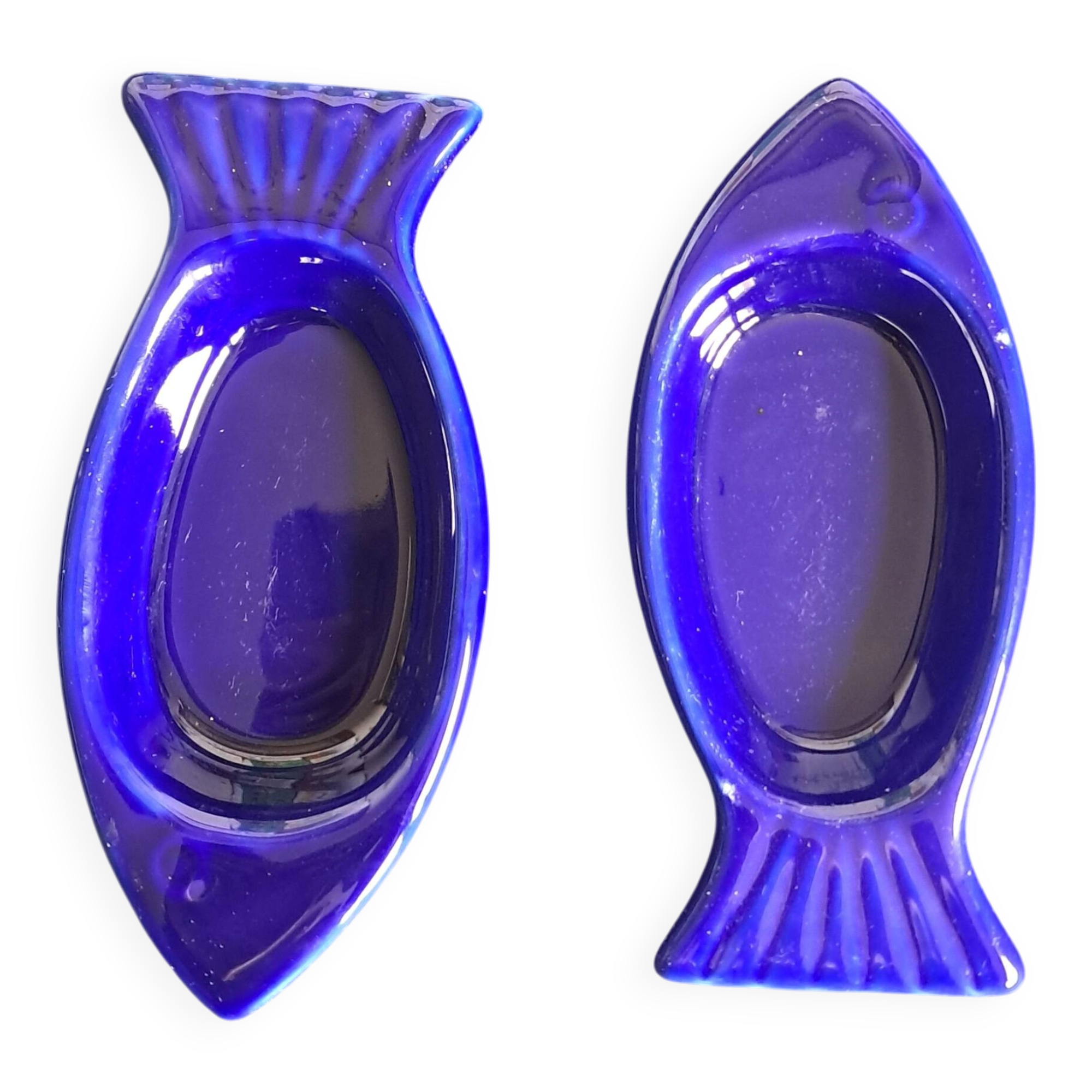 Cobalt blue ceramic plates in the shape of fish (tapas, anchovies, etc.)