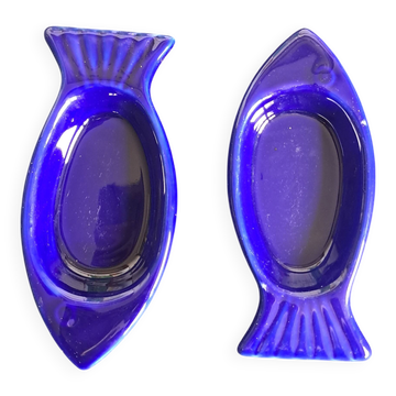 Cobalt blue ceramic plates in the shape of fish (tapas, anchovies, etc.)