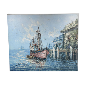 Painting Oil on canvas, Marine, Boat at the dock signed Florence