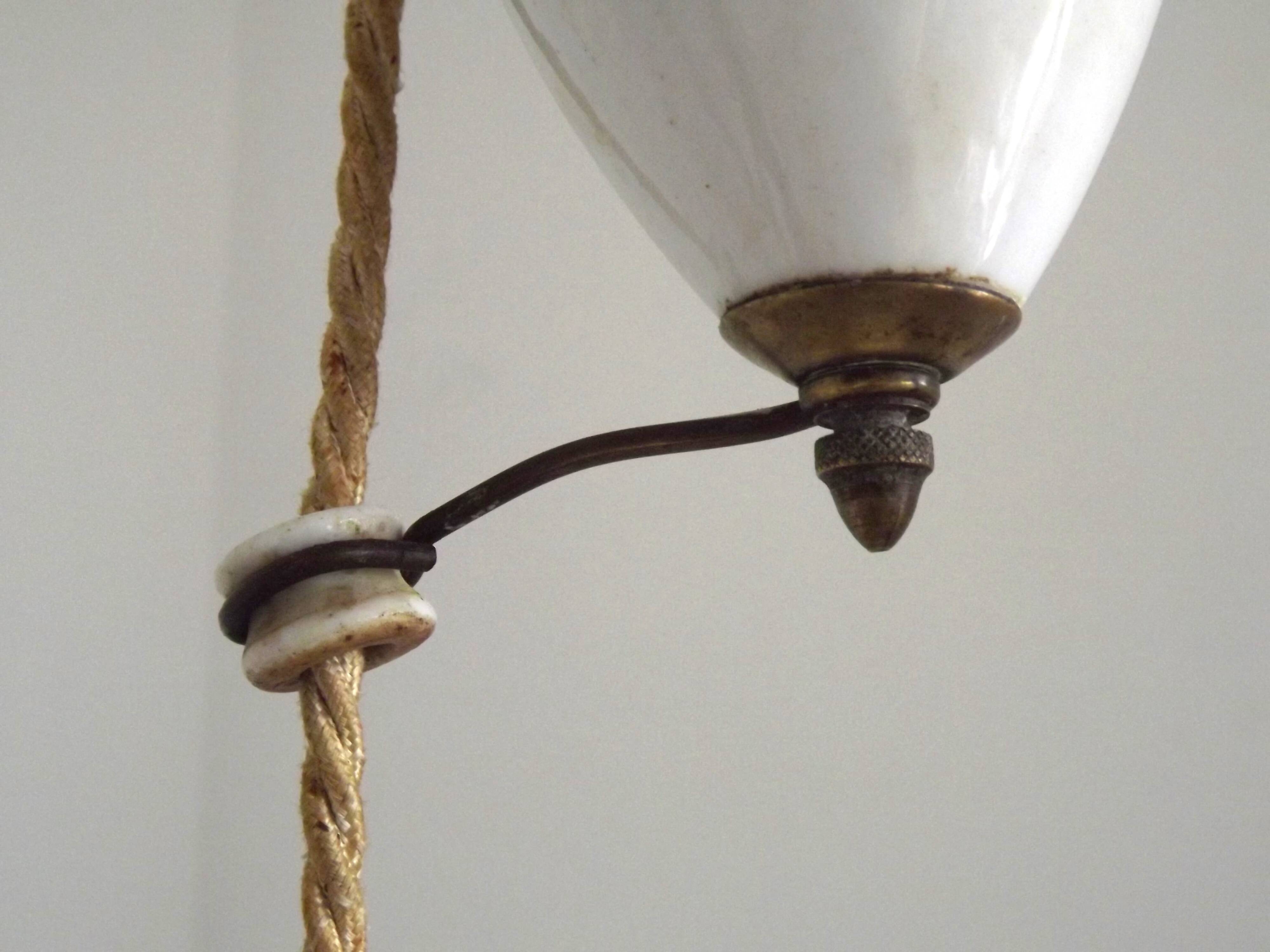 Vintage French Rise & Fall Counterbalance Ceiling Light Opaline Glass Shade
