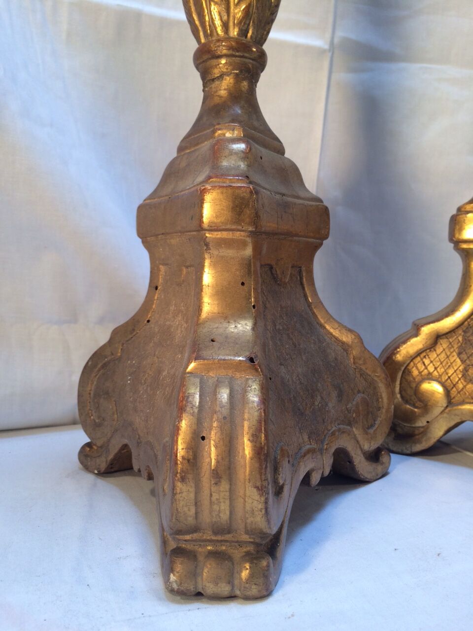 Pair of ancient carved gilded wood candlesticks - 18th century