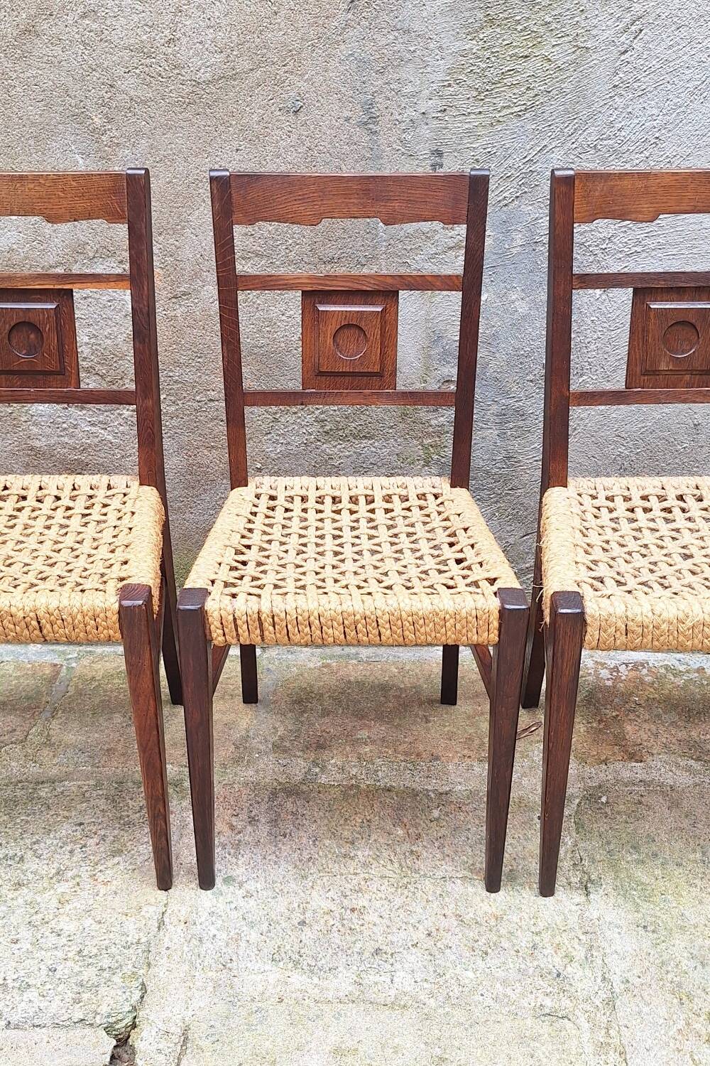 Set of 4 oak and rope chairs