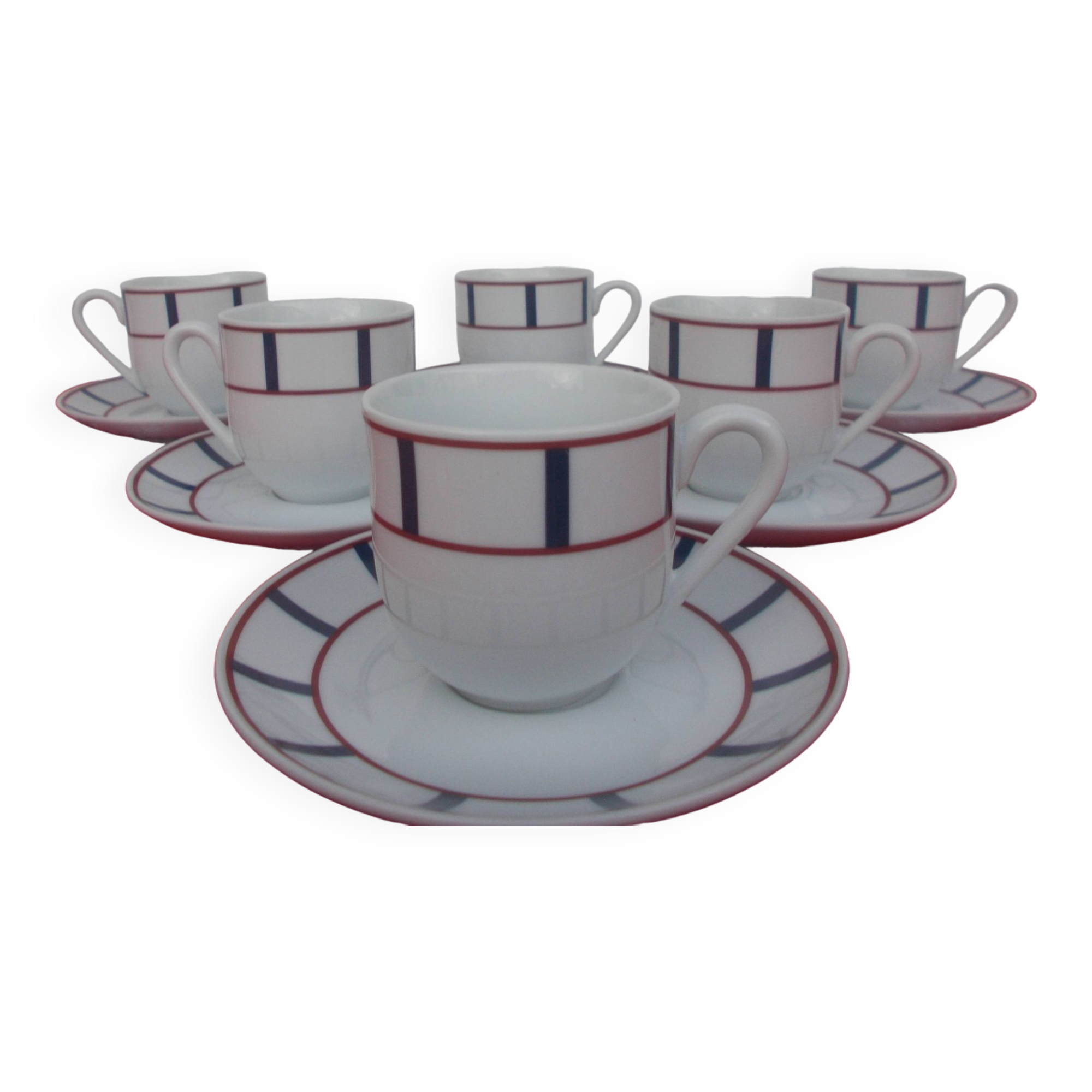 Set of 6 blue and red porcelain Basque coffee cups