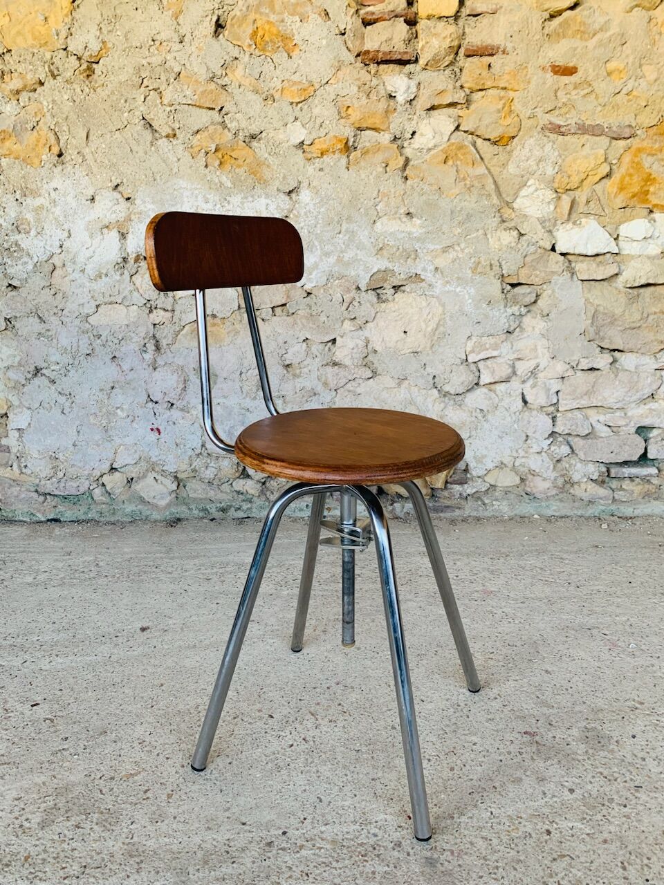 Vintage industrial metal and wood stool with adjustable swivel seat, 1960's