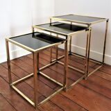 Three coffee tables trundle brass and glass black design 70s