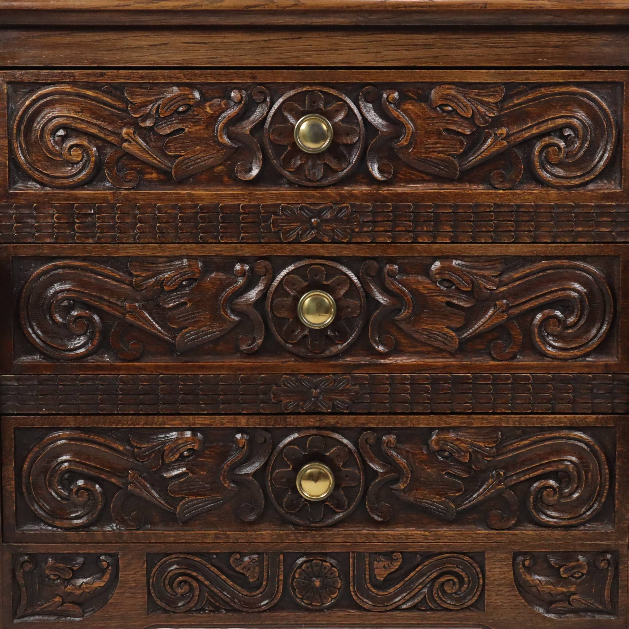Vintage Carved Oak Cabinet/Chest of Drawers with Mythical Figures