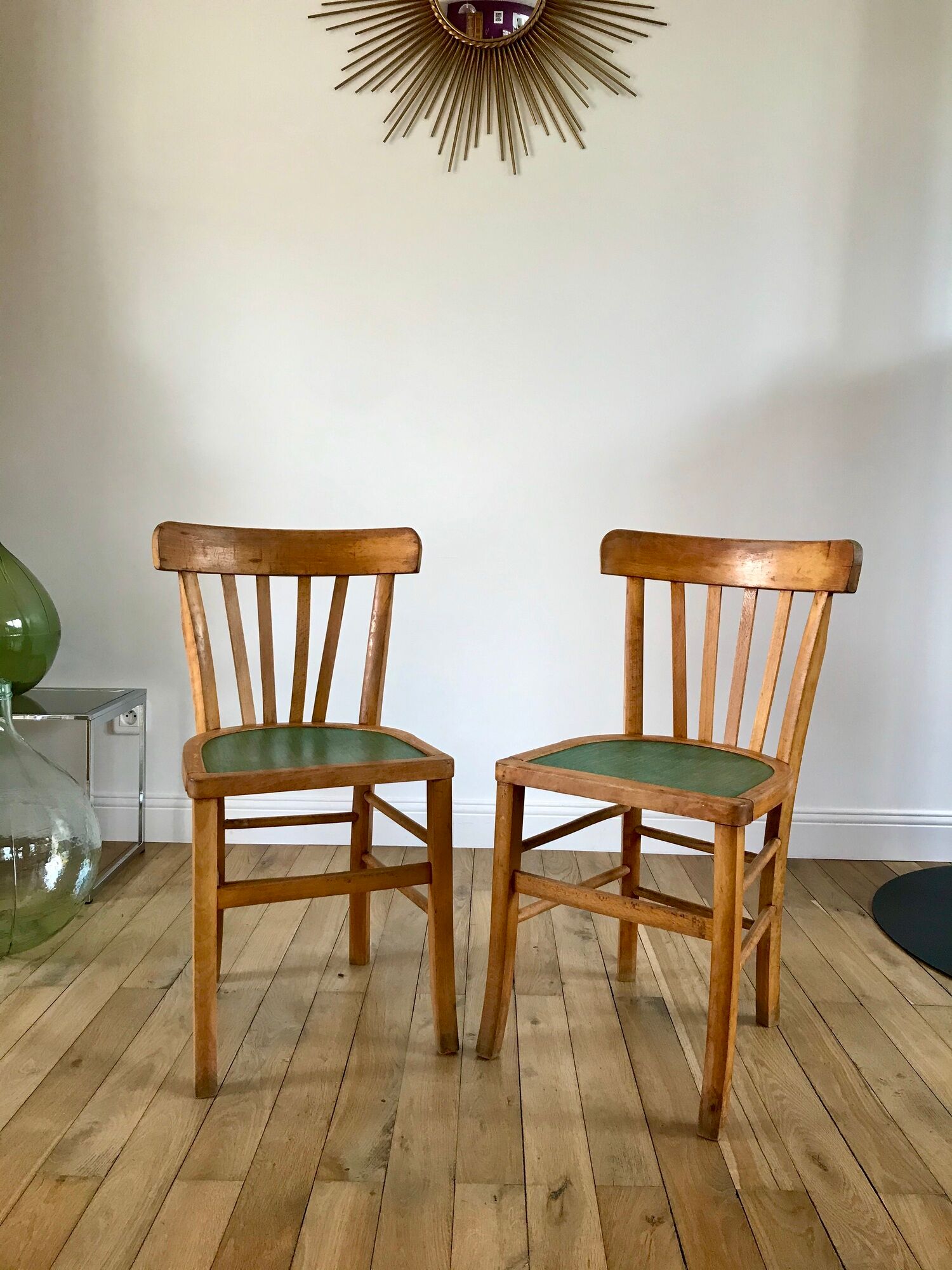 Pair of bistro chairs in light curved wood and green seat 1950s