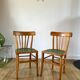 Pair of bistro chairs in light curved wood and green seat 1950s