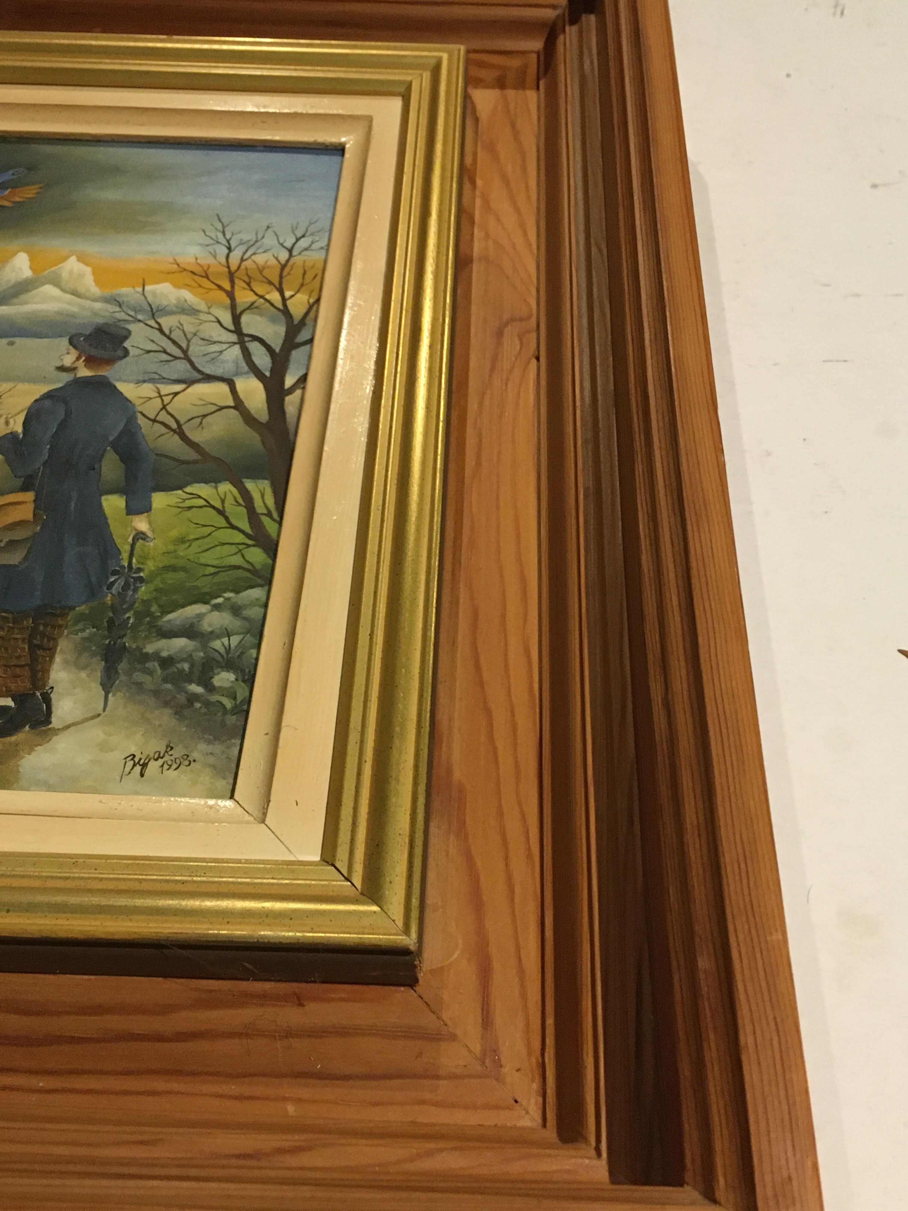 Painting of a character on his way to the mountains accompanied by exotic animals