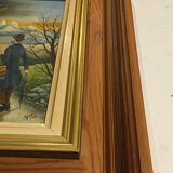 Tableau d'un personnage en chemin vers les montagnes accompagné d'animaux exotiques