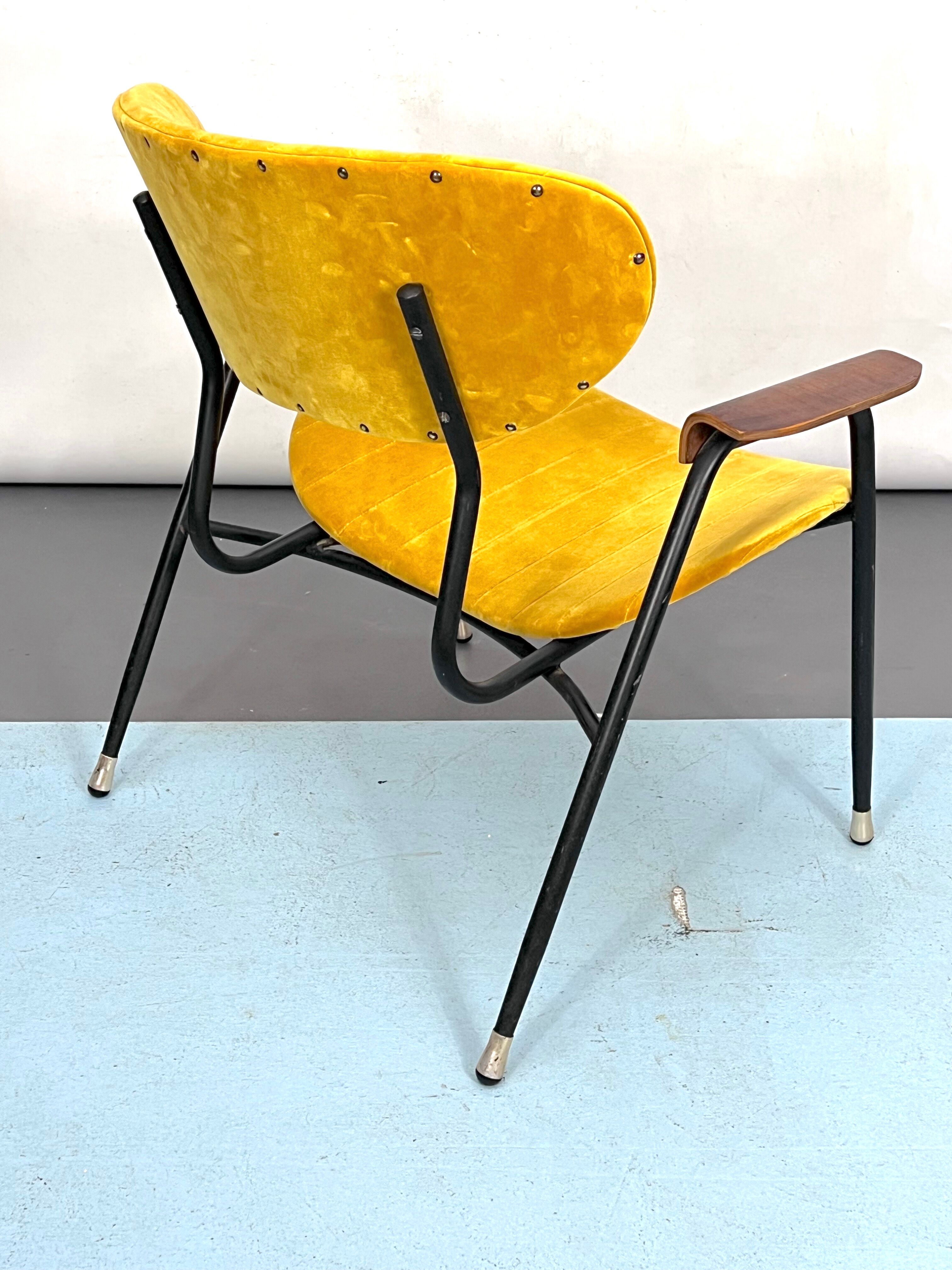 Vintage yellow velvet chair by Gastone Rinaldi for Rima. Italy 1950s