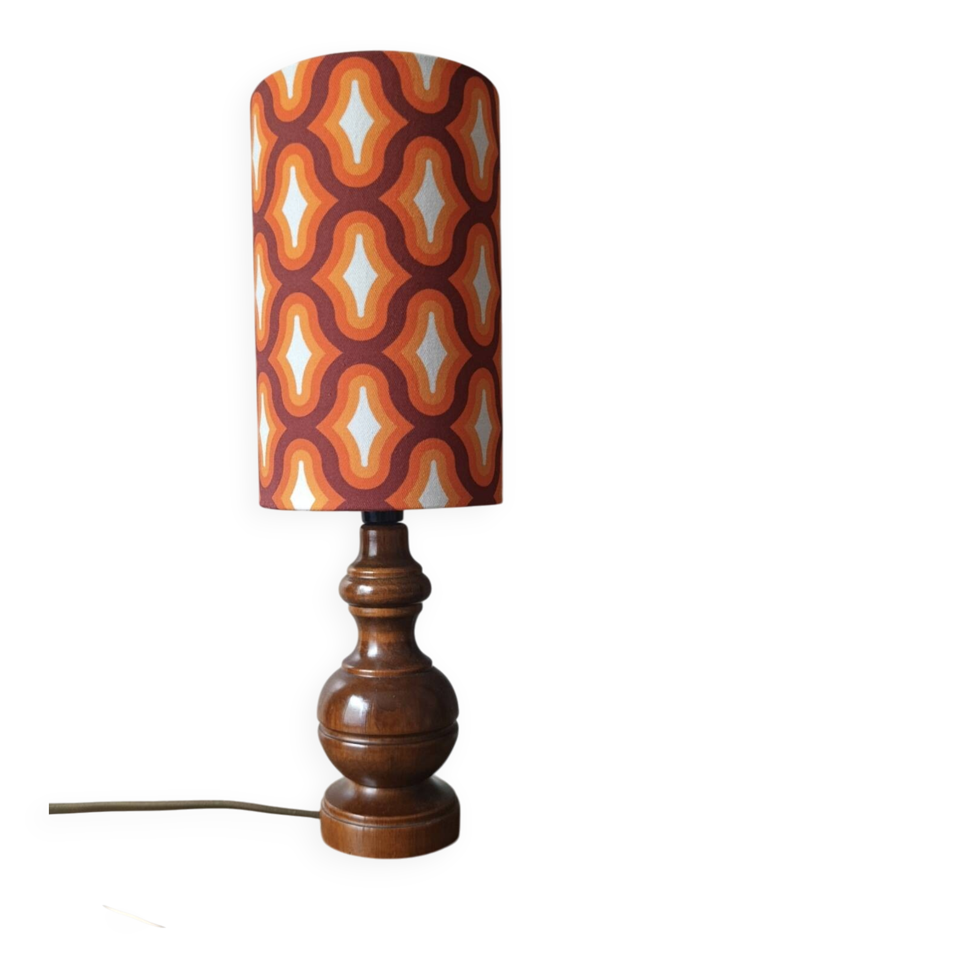 Vintage table lamp wood & seventies graphic print