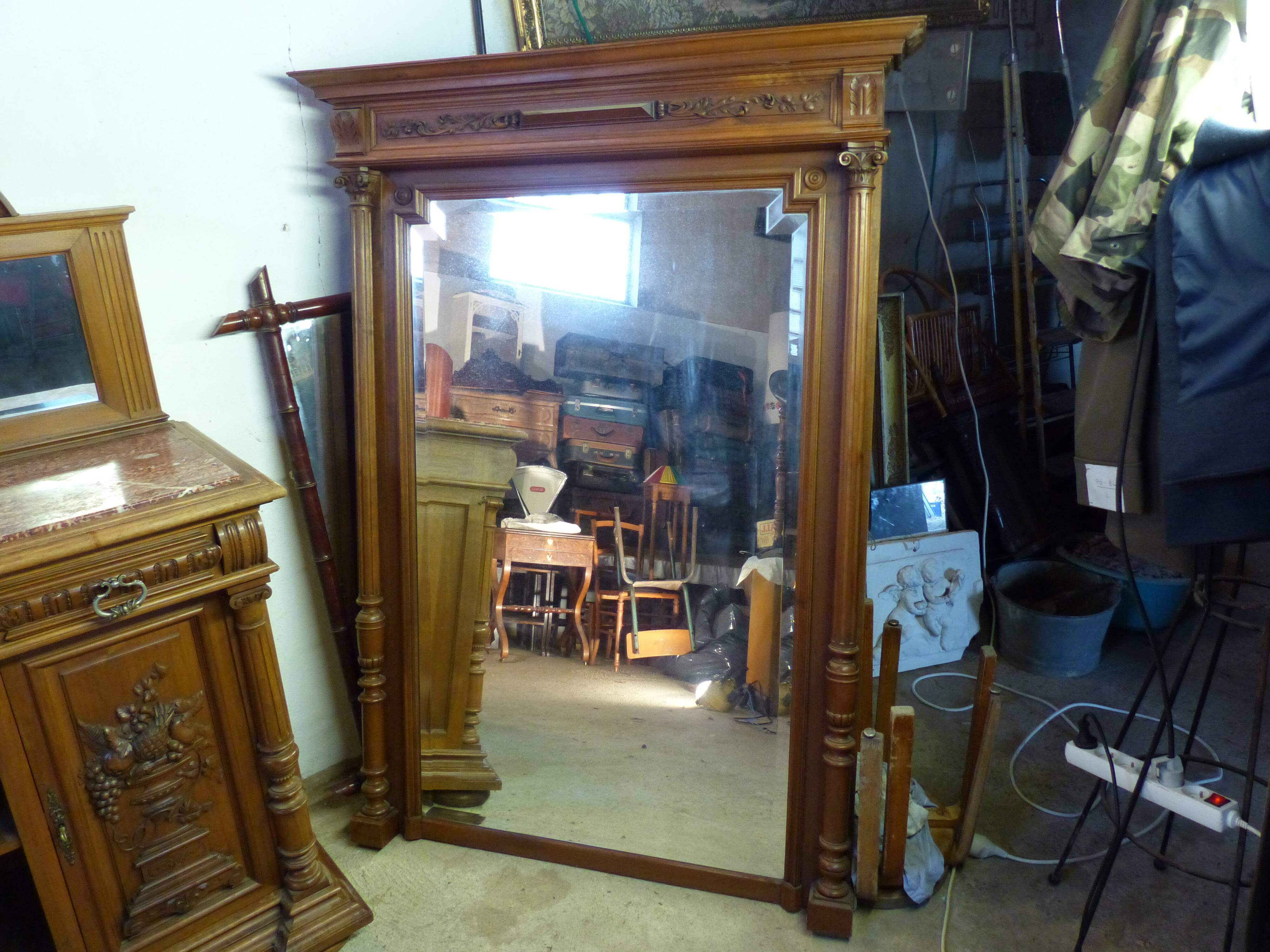 Old very large mirror Henri 2 wooden frame with columns beveled glass