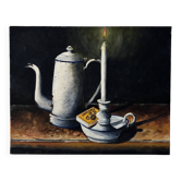 Vintage Still Life Painting – Coffee Pot & Candle – Oil on Canvas