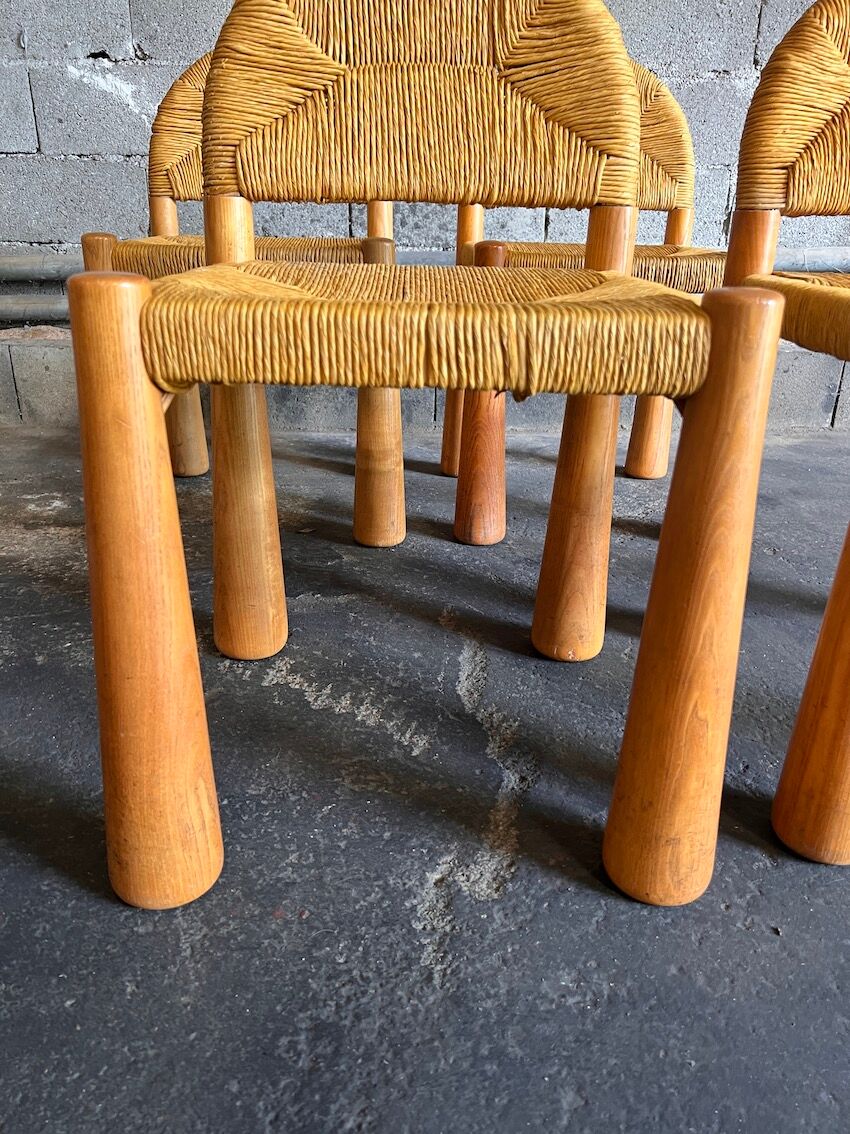 4 Toscanolla chairs in wicker and solid pine by alessandro becchi for giovanetti - italy - 1970