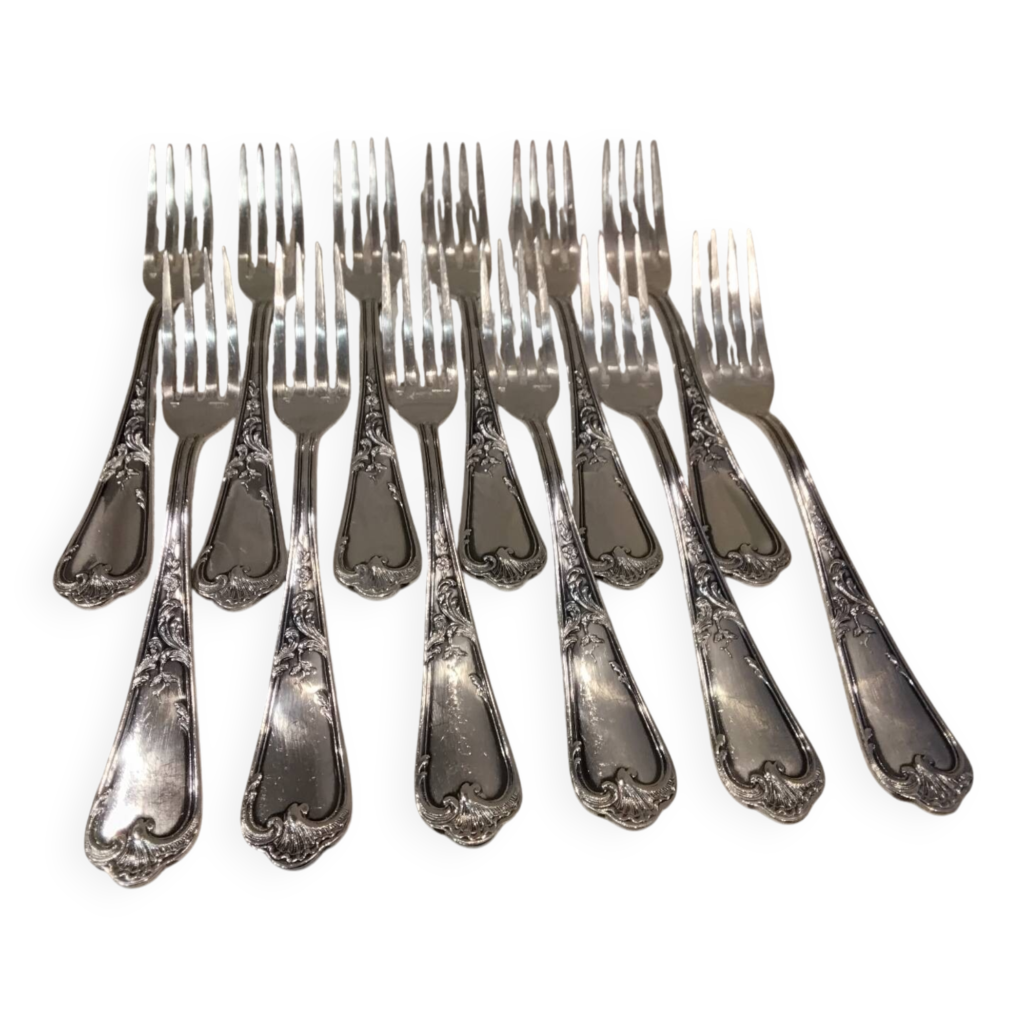 12 silver-plated metal table forks, Ercuis silversmith, Louis XV 29