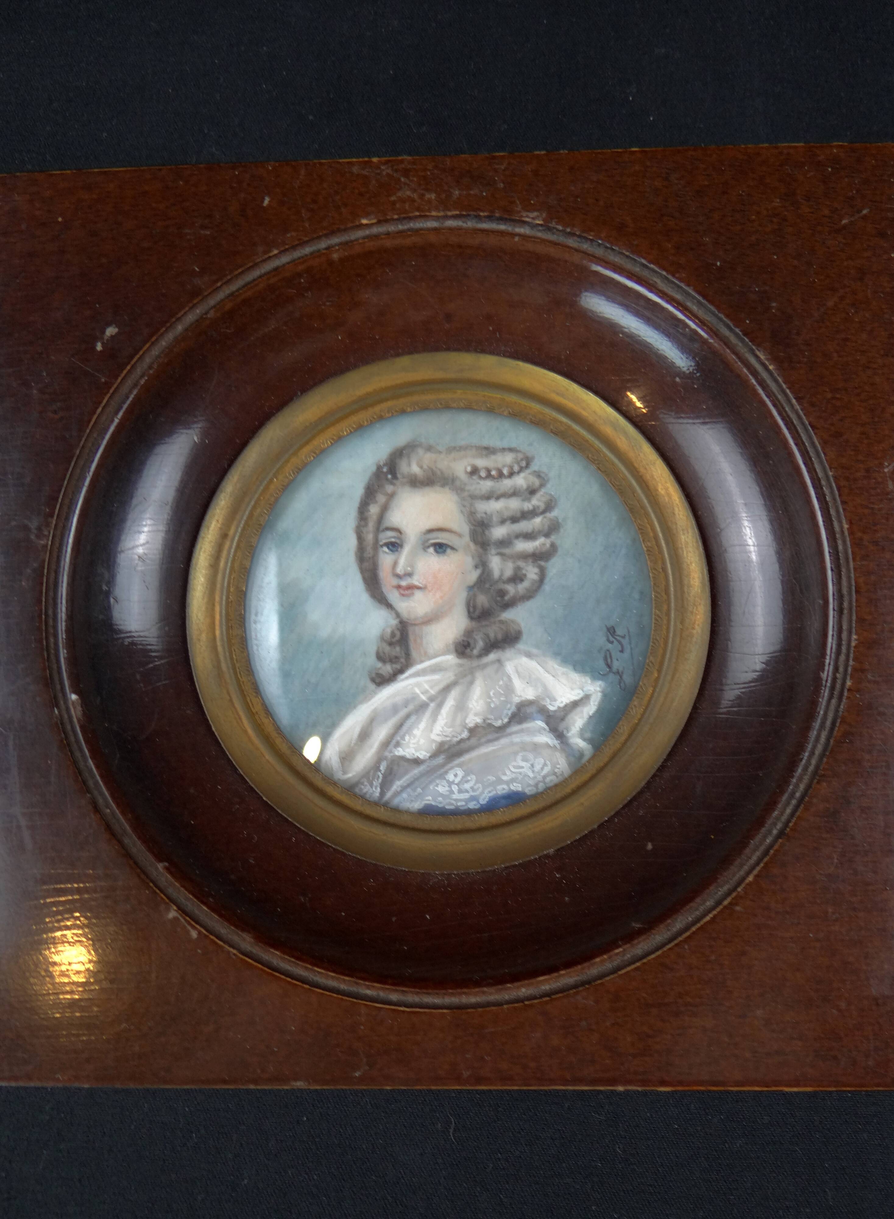 Framed 19th-century miniature gouache portrait of an aristocratic woman