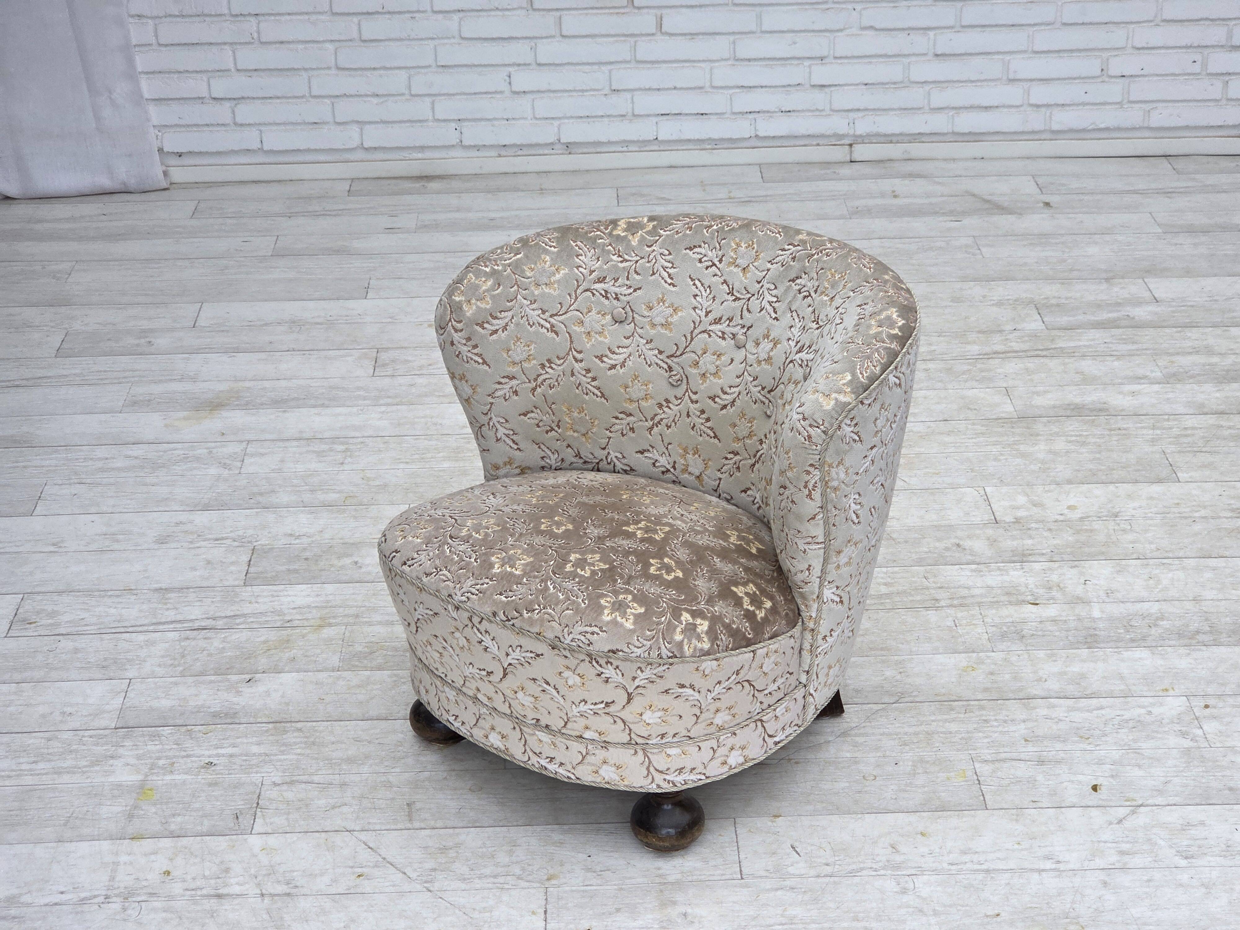 1970s, Danish curved armchair, original light green/gray furniture velour.