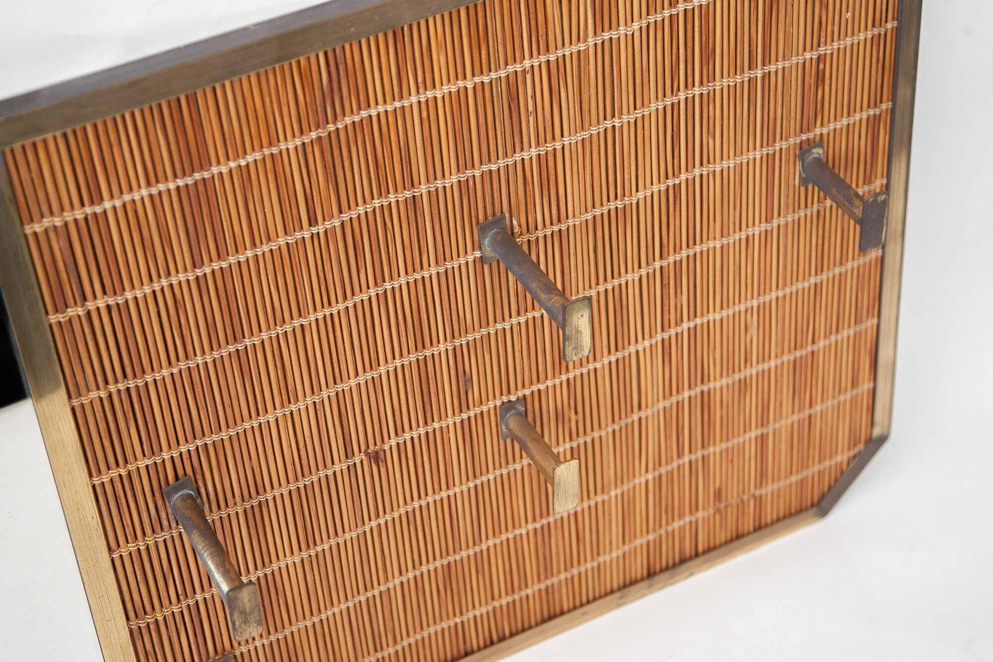 Vintage wicker coat rack with mirror and brass hooks