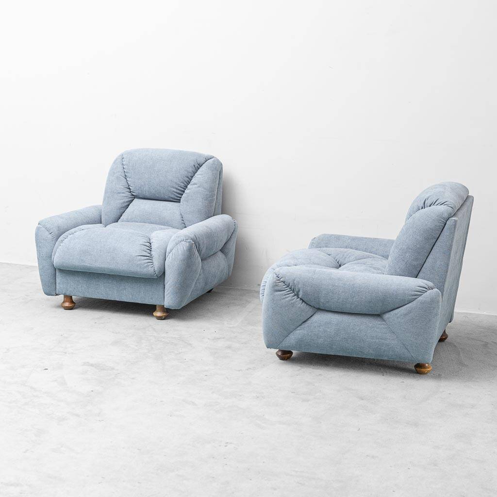 Pair of vintage Italian armchairs in light blue fabric – 1950s design