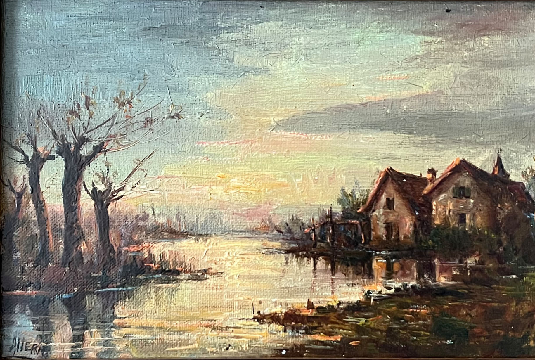 Painting, "Sunset over the houses by the water" by Allera