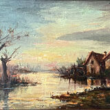 Painting, "Sunset over the houses by the water" by Allera
