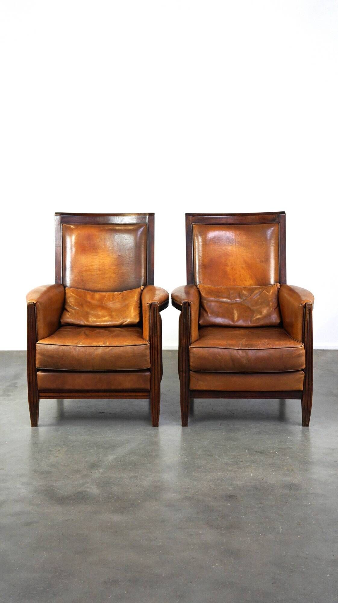 Vintage Art Deco Sheepskin High Back Armchair Set with Wood Finish