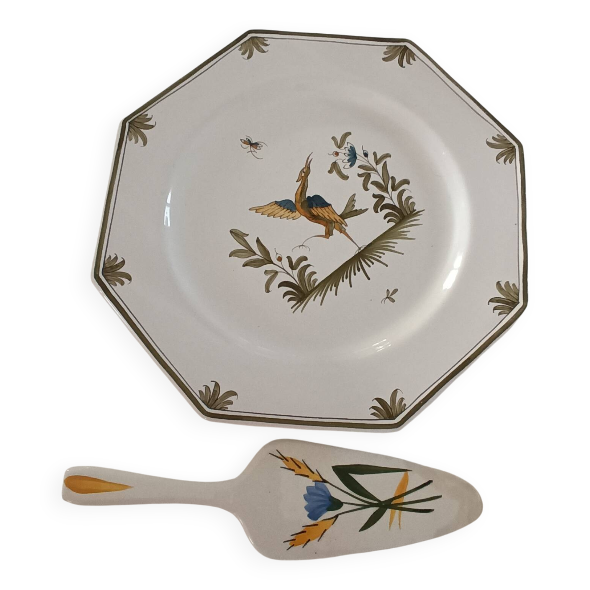 Moustiers porcelain cake plate and server set