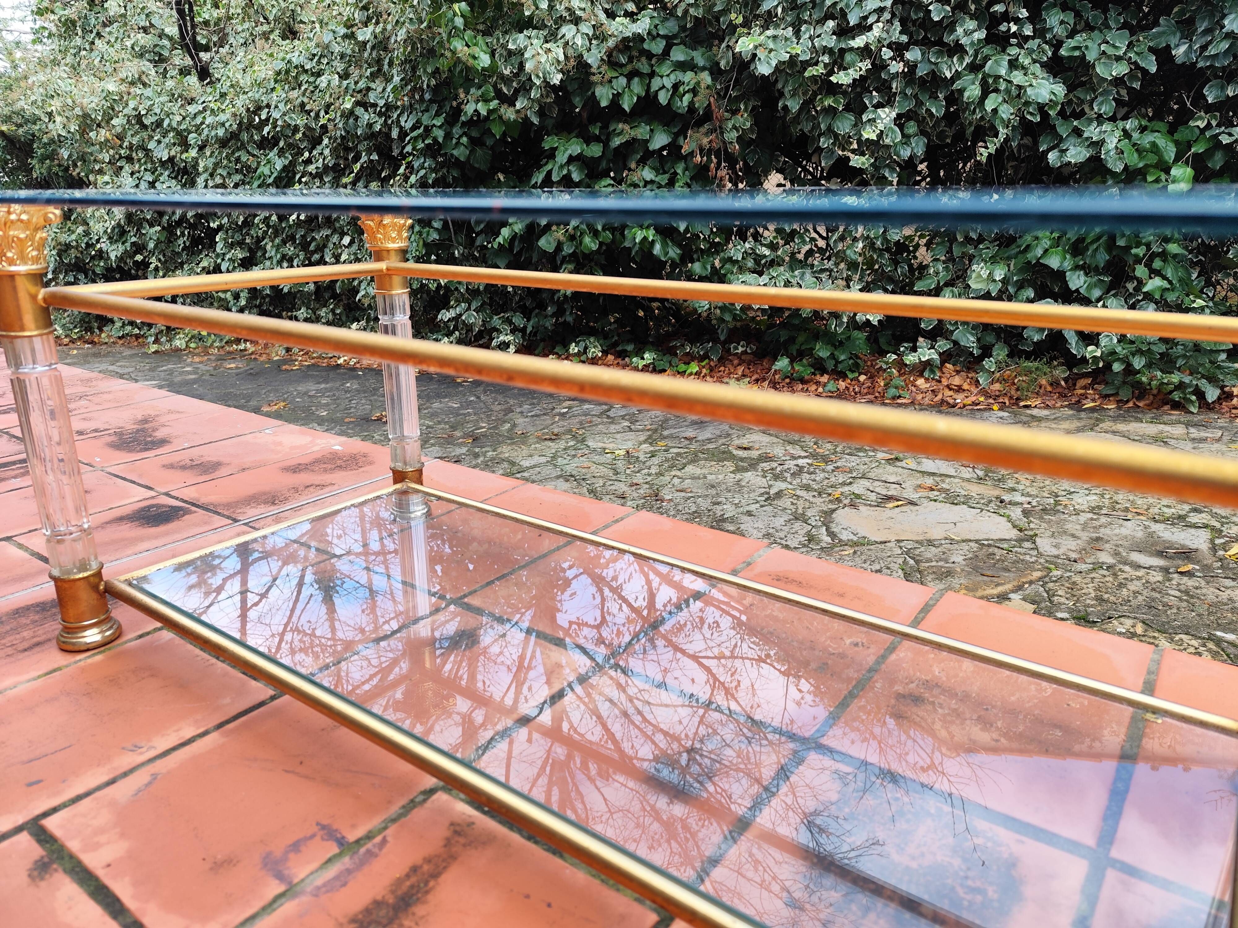 Rectangular coffee table in glass, brass and plexiglass Italy Hollywood Re