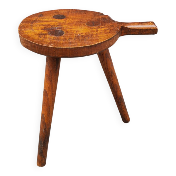 Tabouret tripode ancien  en chêne massif art populaire